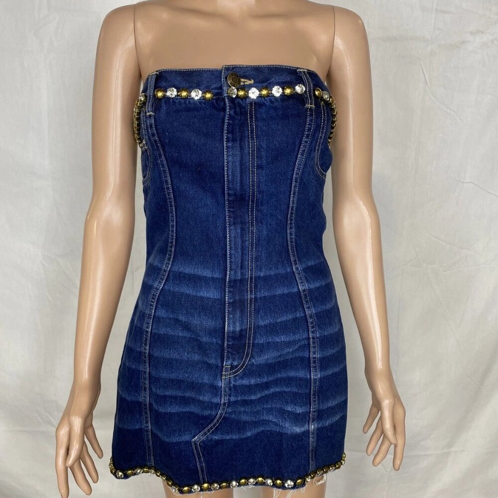 NEW AREA Women's Strapless Crystal Embellished Denim Mini Dress – Size 4 – Blue